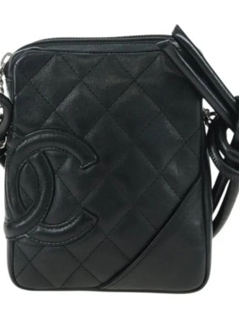 CHANEL Cambon Line Matelasse Shoulder Bag Leather Black Silver CC Auth bs34918M